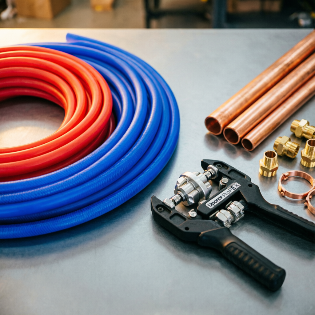 Flat lay of PEX-A red and blue tubing, copper pipe sections, and brass expansion fittings on a workbench