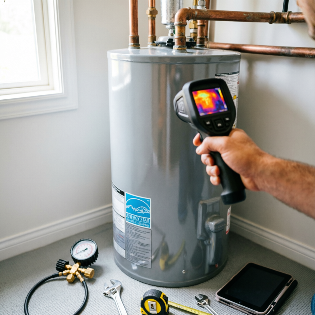 Licensed plumber using a thermal imaging camera to diagnose a gas tank water heater in a California utility closet, copper pipes visible above