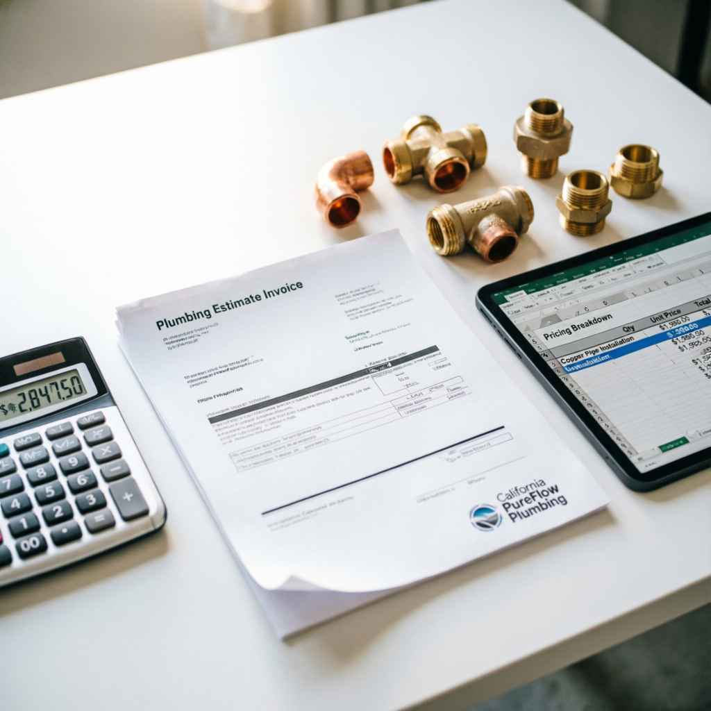 Plumber's estimate invoice, calculator, copper fittings, and tablet on a clean white workbench