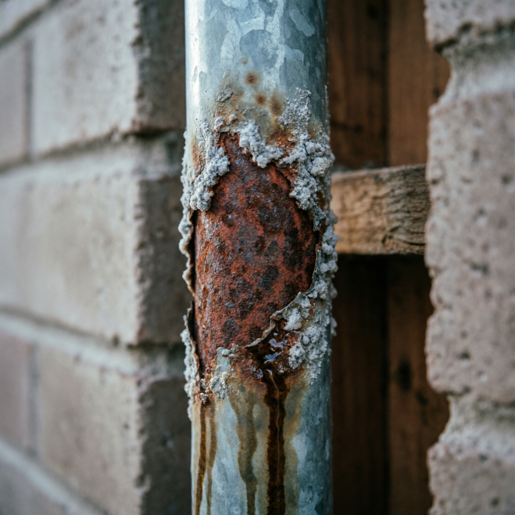 Close-up of heavily corroded galvanized steel pipes inside a wall cavity of a 1950s Los Angeles bungalow showing rust and mineral buildup