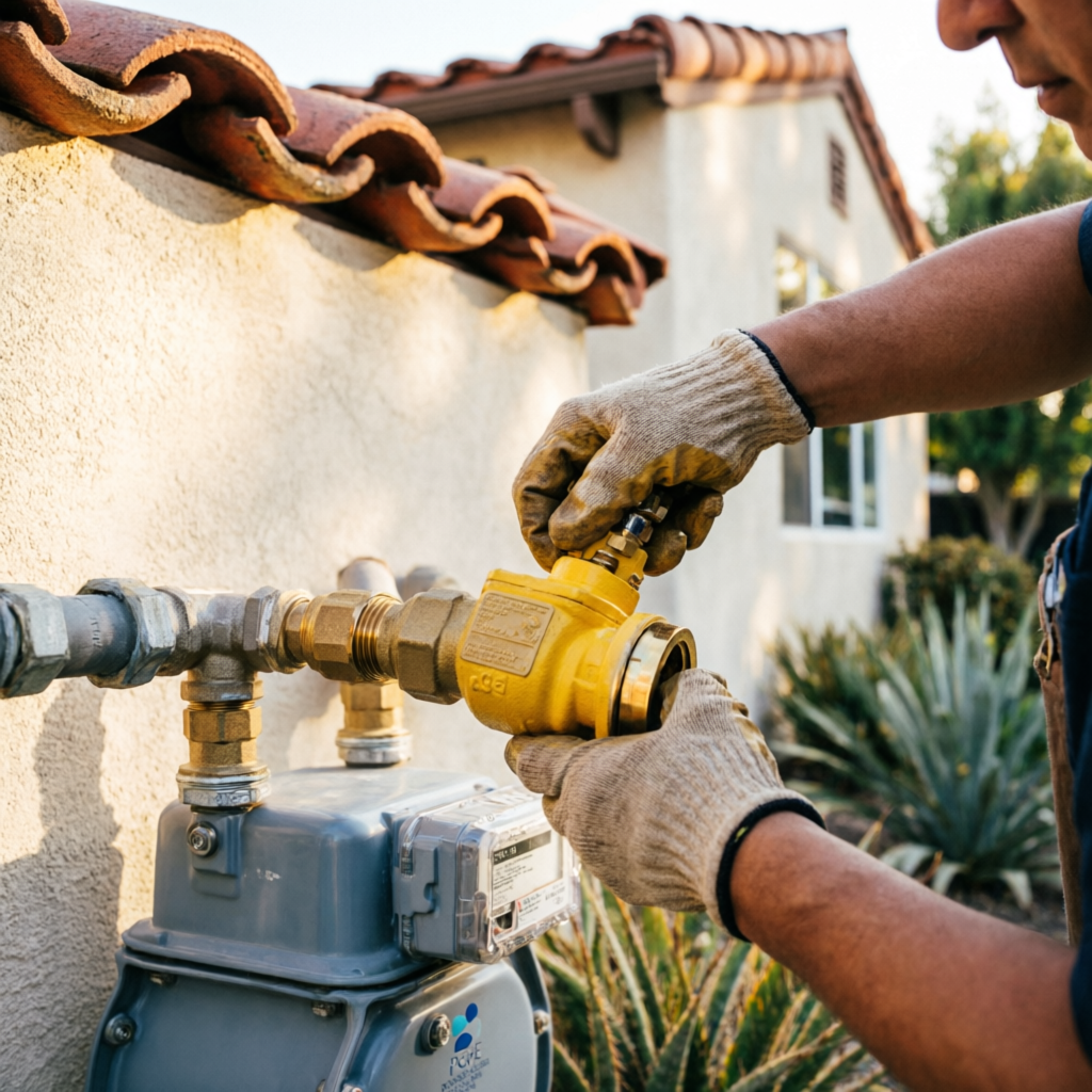 Licensed plumber installing a yellow seismic gas shutoff valve next to a residential gas meter on a stucco California bungalow