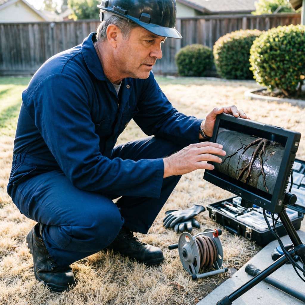 Plumber performing a sewer camera inspection, looking at a monitor showing root intrusion inside a sewer line