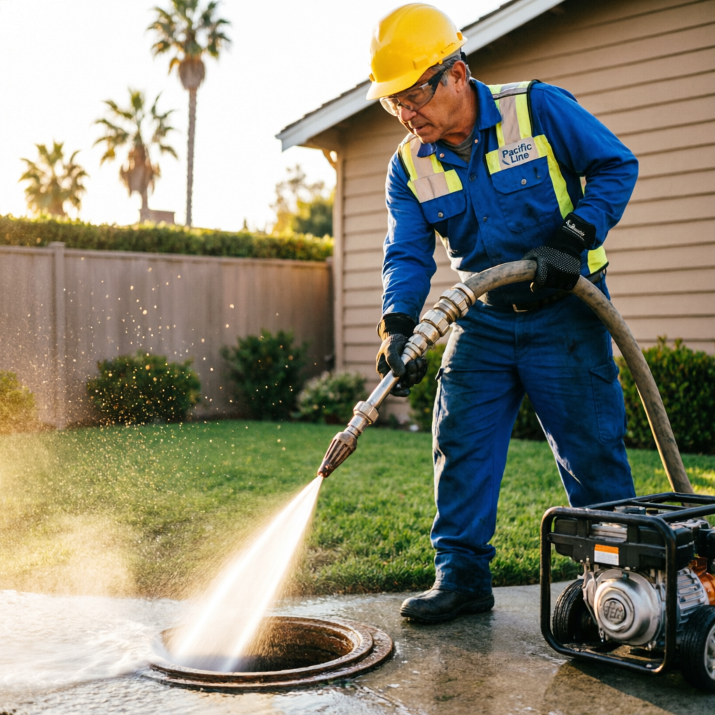 Plumber performing hydro jetting on a residential sewer line in California with a high-pressure hose and specialized nozzle