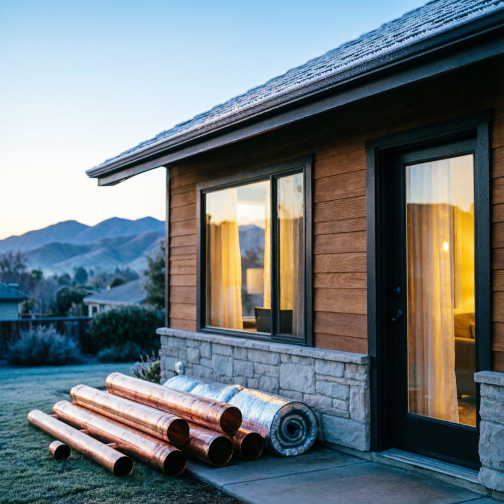 San Diego craftsman home on a cold winter morning with frost visible on the roofline, copper pipe and insulation materials in foreground