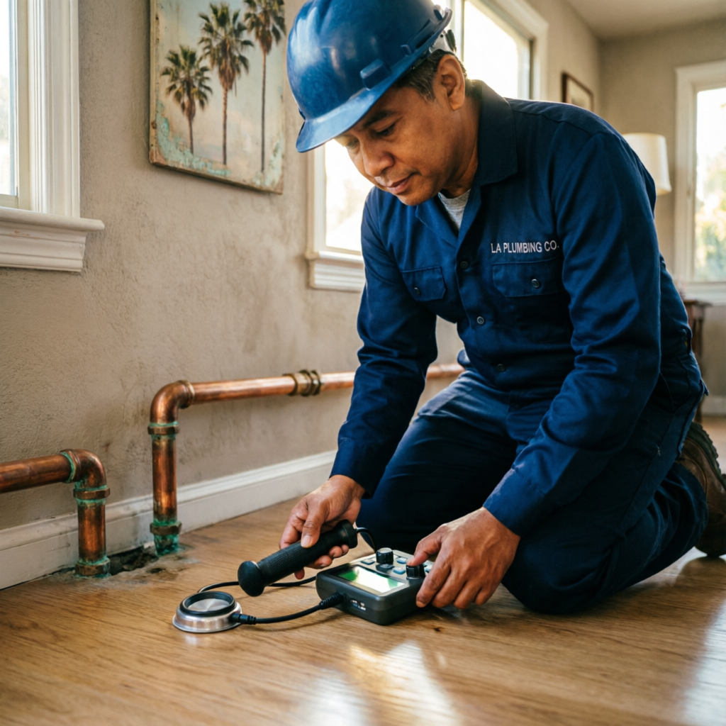 Licensed plumber using electronic acoustic listening equipment to detect a slab leak under a concrete foundation in a Los Angeles bungalow
