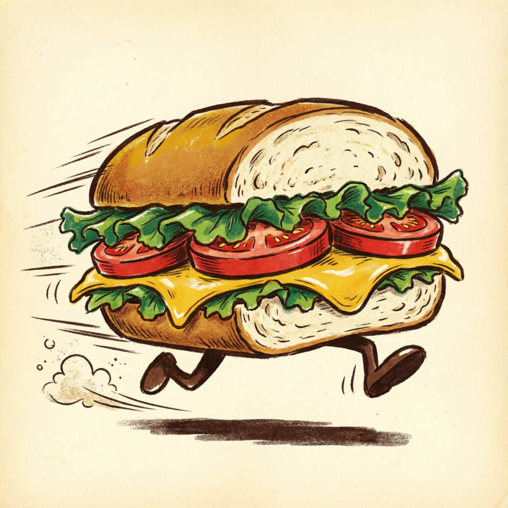 Maskot sandwich SNDVVICH berlari kencang