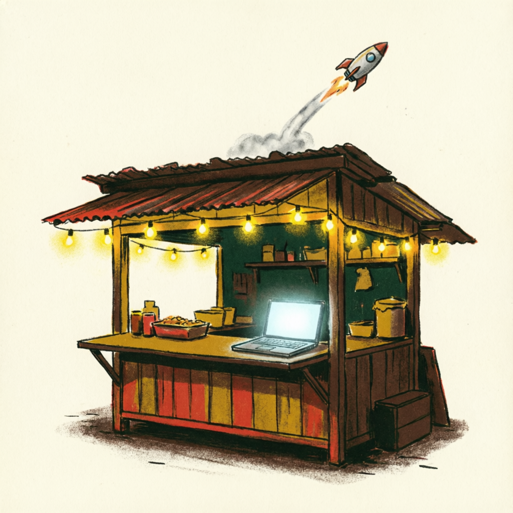Ilustrasi warung UMKM dengan laptop menyala dan roket meluncur