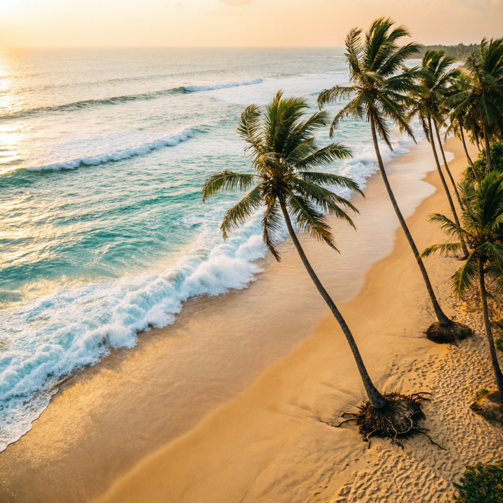 Sri Lanka tropical coast with turquoise ocean water and palm trees — Roveo Tours travel destination