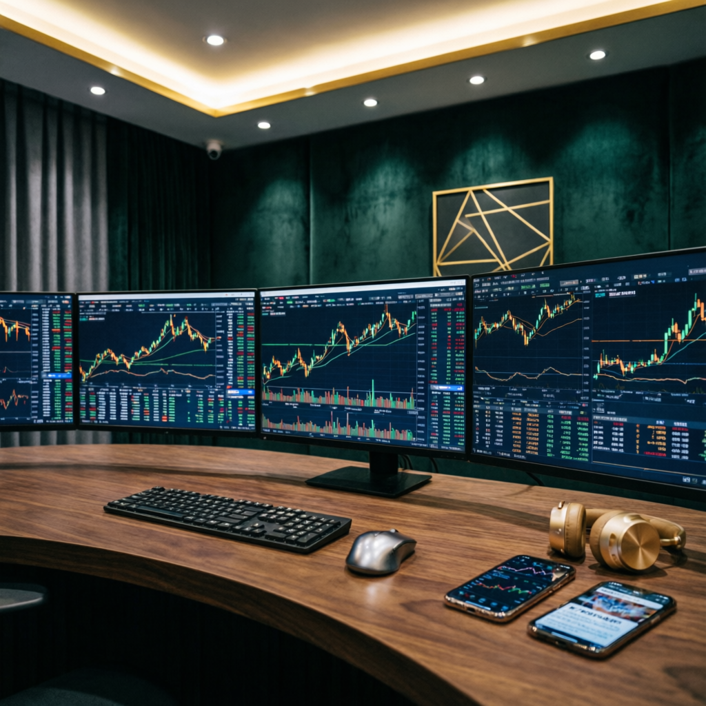 Professional trading setup with multiple monitors