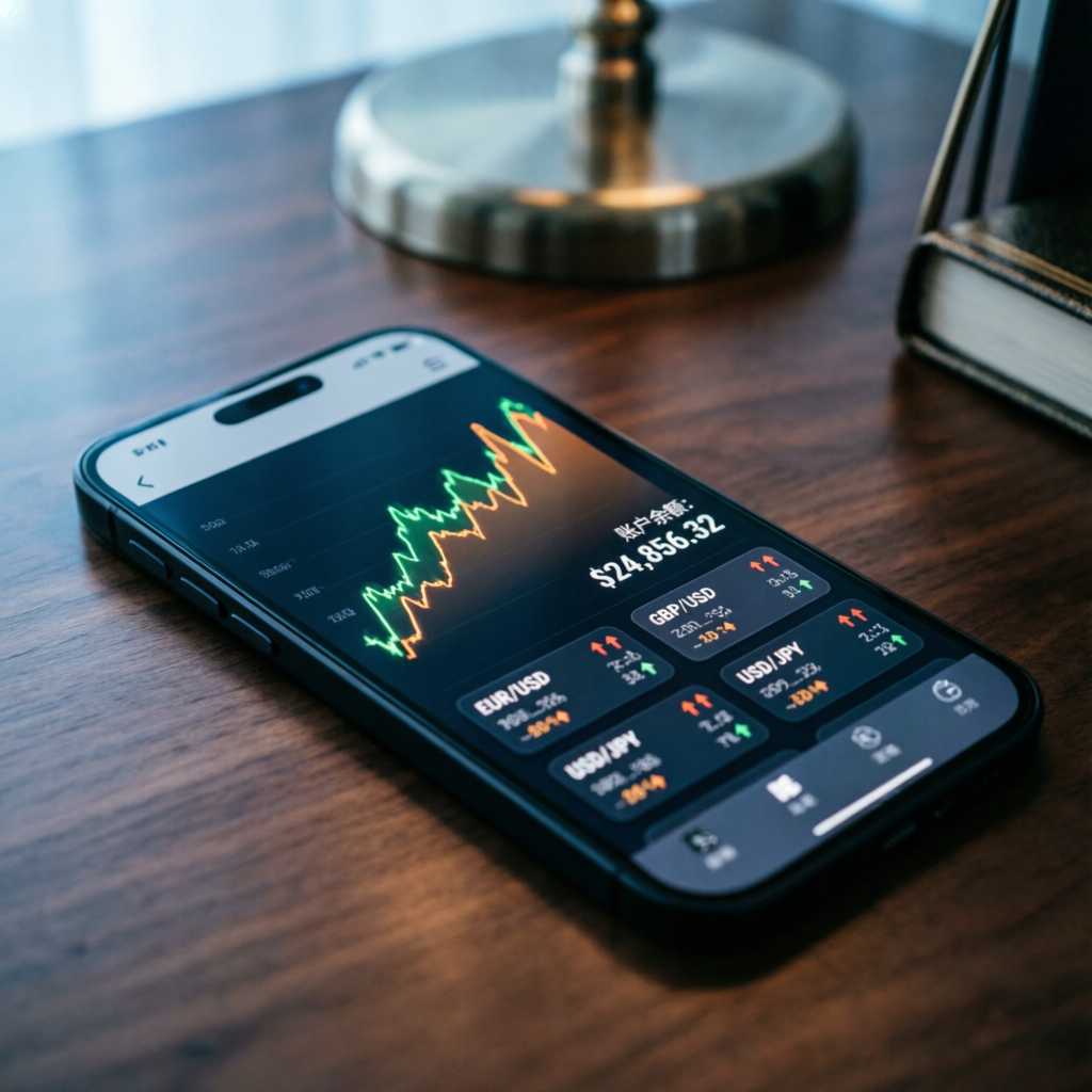 Mobile forex trading app showing profit charts and account balance