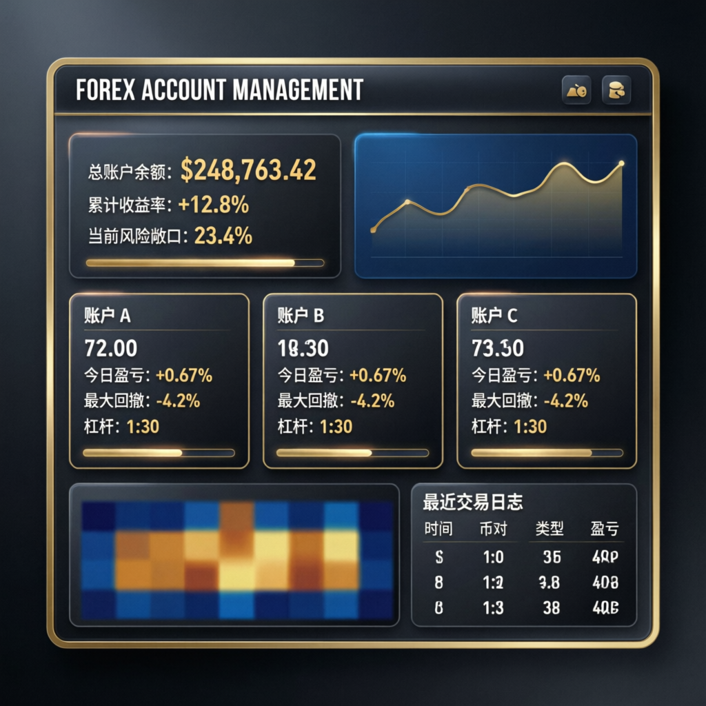 Forex account management dashboard with multiple account balances
