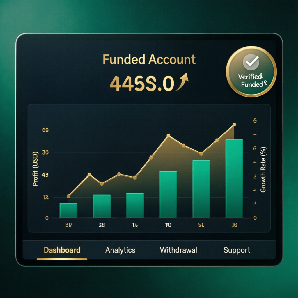 Funded account dashboard showing profit growth and verified funded status