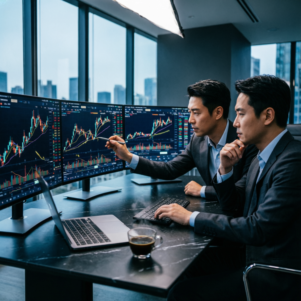 Professional traders analyzing forex charts and developing strategies
