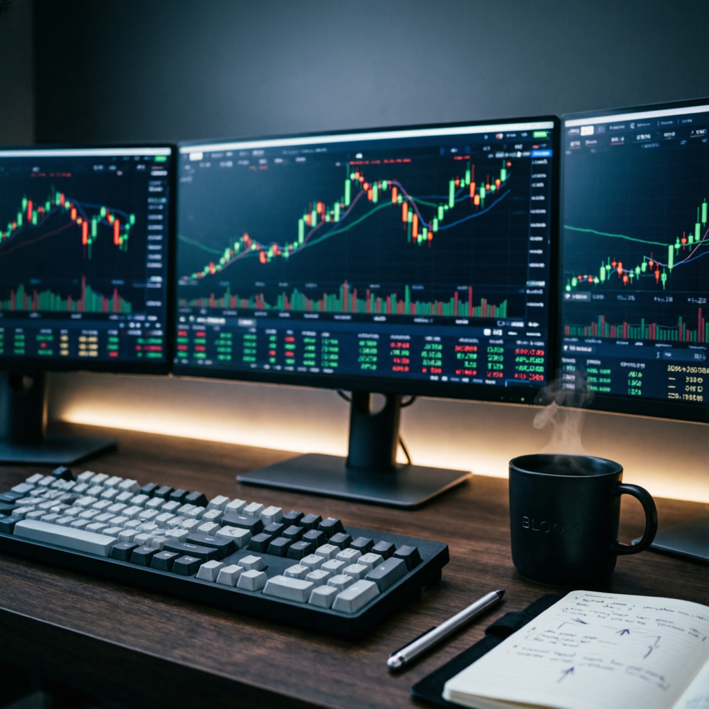 Professional trading desk with multiple monitors showing forex charts