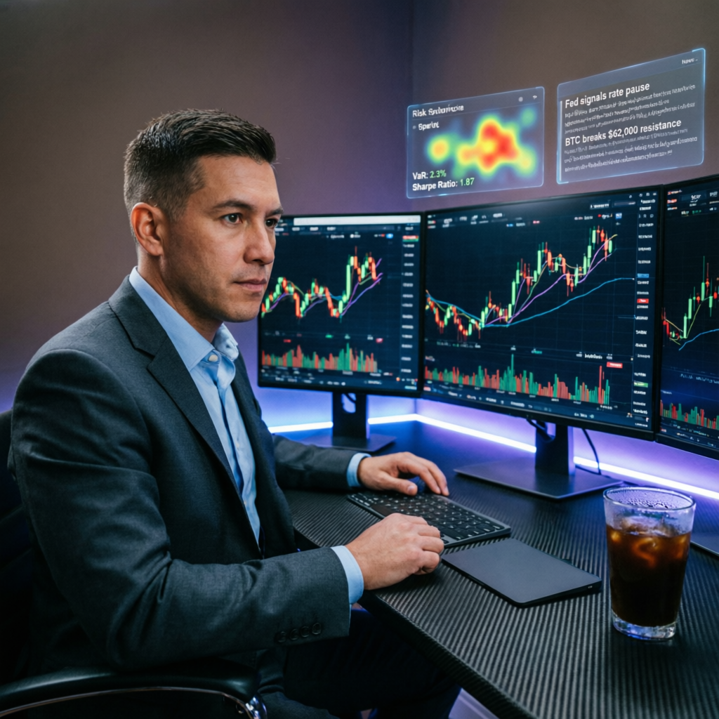 Professional trader analyzing Apex Trader Funding evaluation charts on multiple monitors