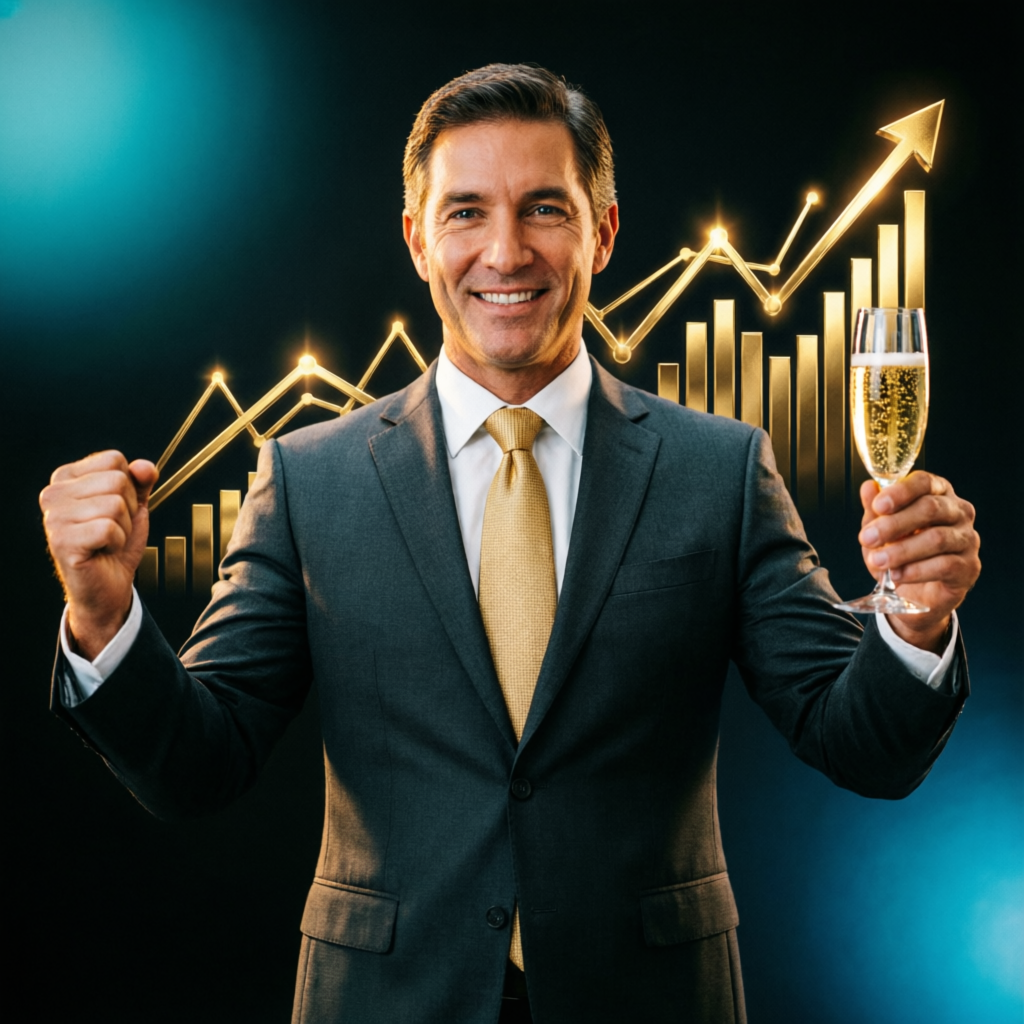 Successful trader celebrating with profit charts representing funded account success