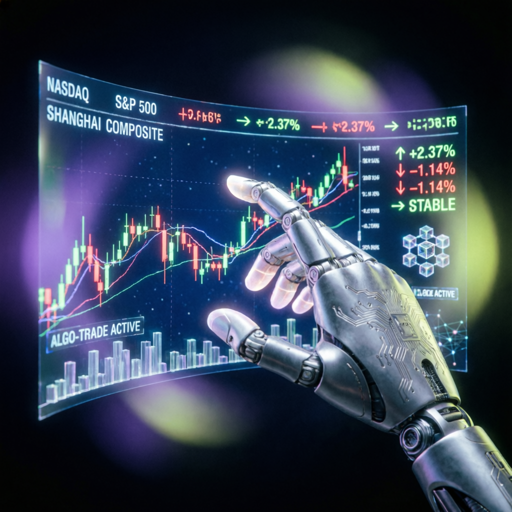 AI robot hand trading on futuristic holographic stock market interface