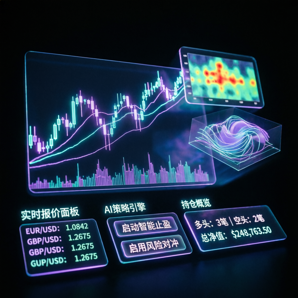 AI-powered Apex Trader Funding evaluation dashboard showing real-time financial charts and trading analytics