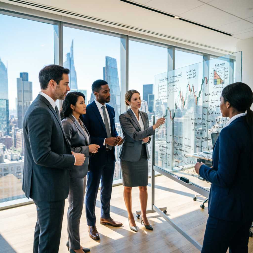 Professional team of financial analysts reviewing trading strategies