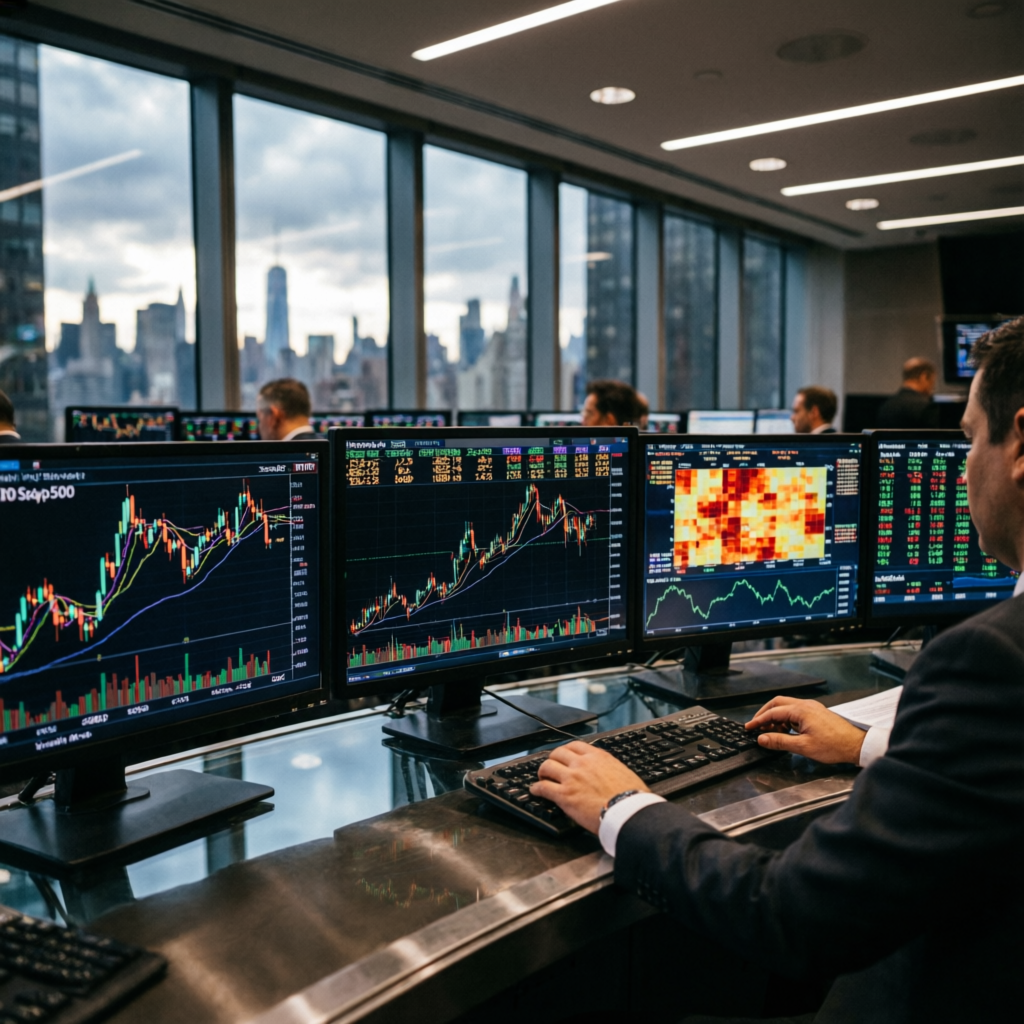 Professional trading floor with multiple monitors showing financial charts