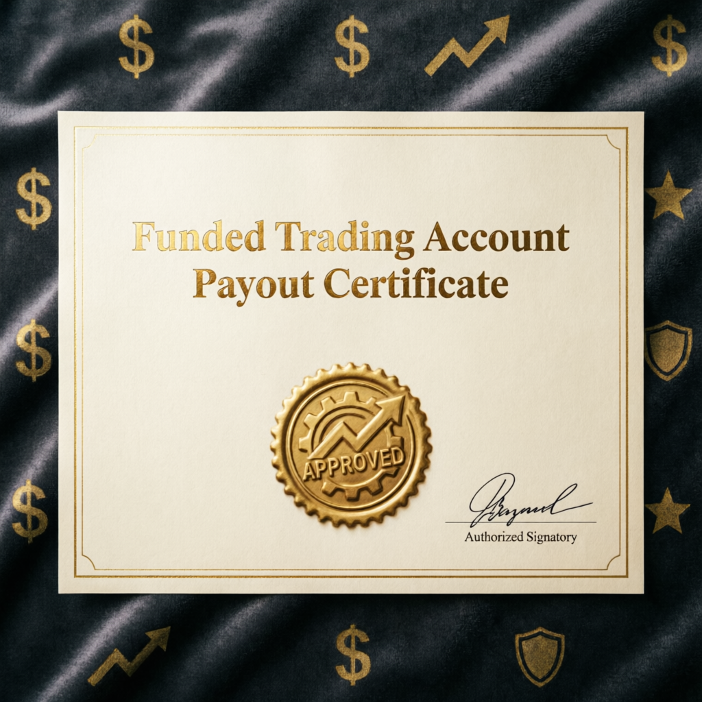 Funded Trading Account Payout Certificate with gold seal