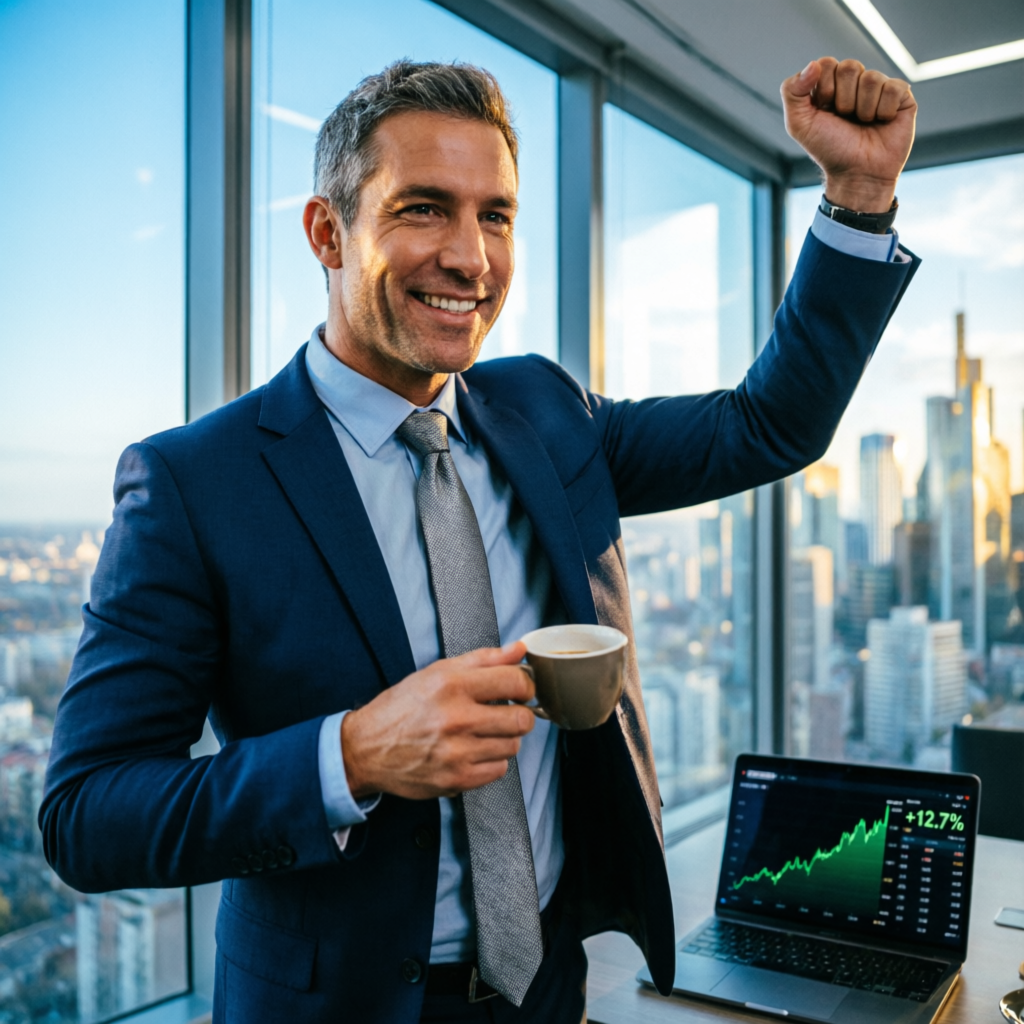 Professional trader celebrating success with profit chart