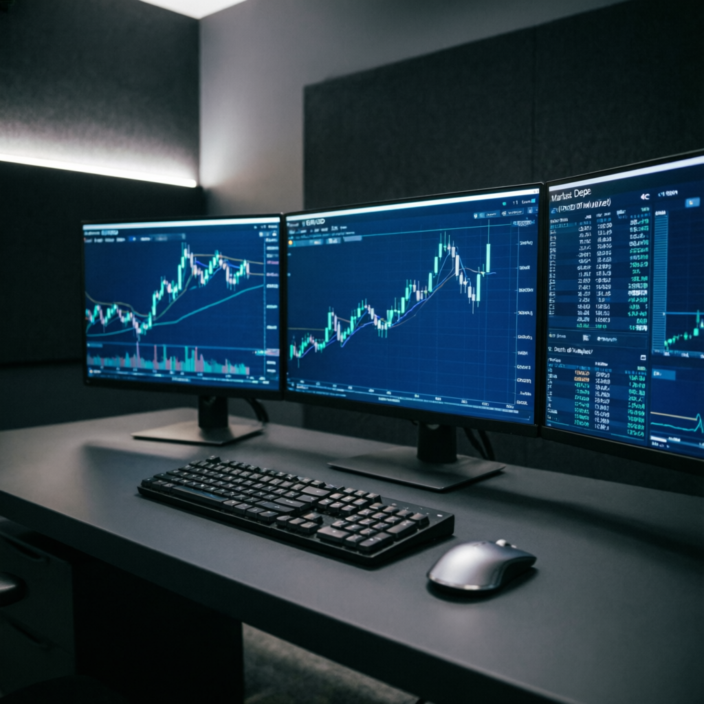 Professional forex trading setup with multiple monitors showing candlestick charts