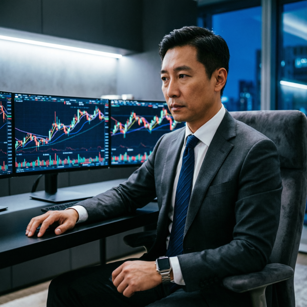 Professional forex trader analyzing charts at multi-monitor trading setup