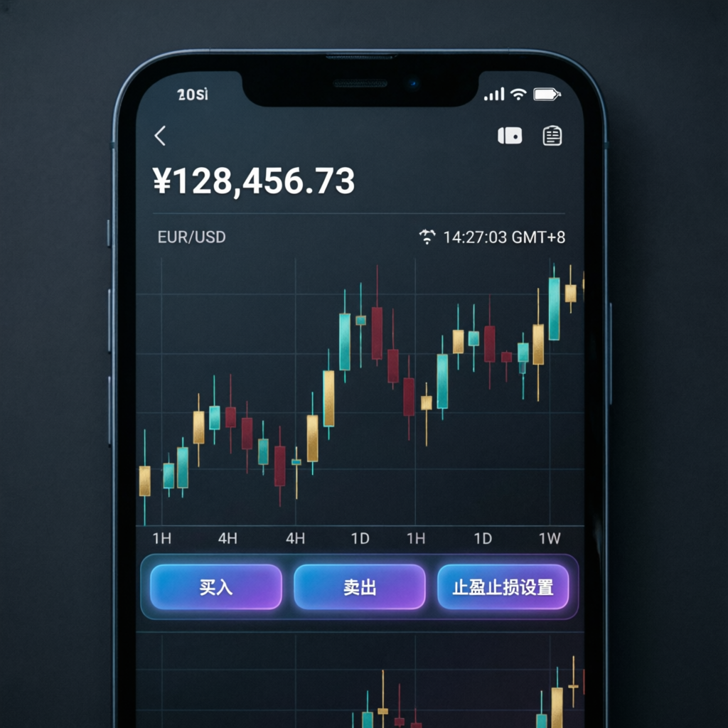 Mobile trading app interface showing forex charts and account balance