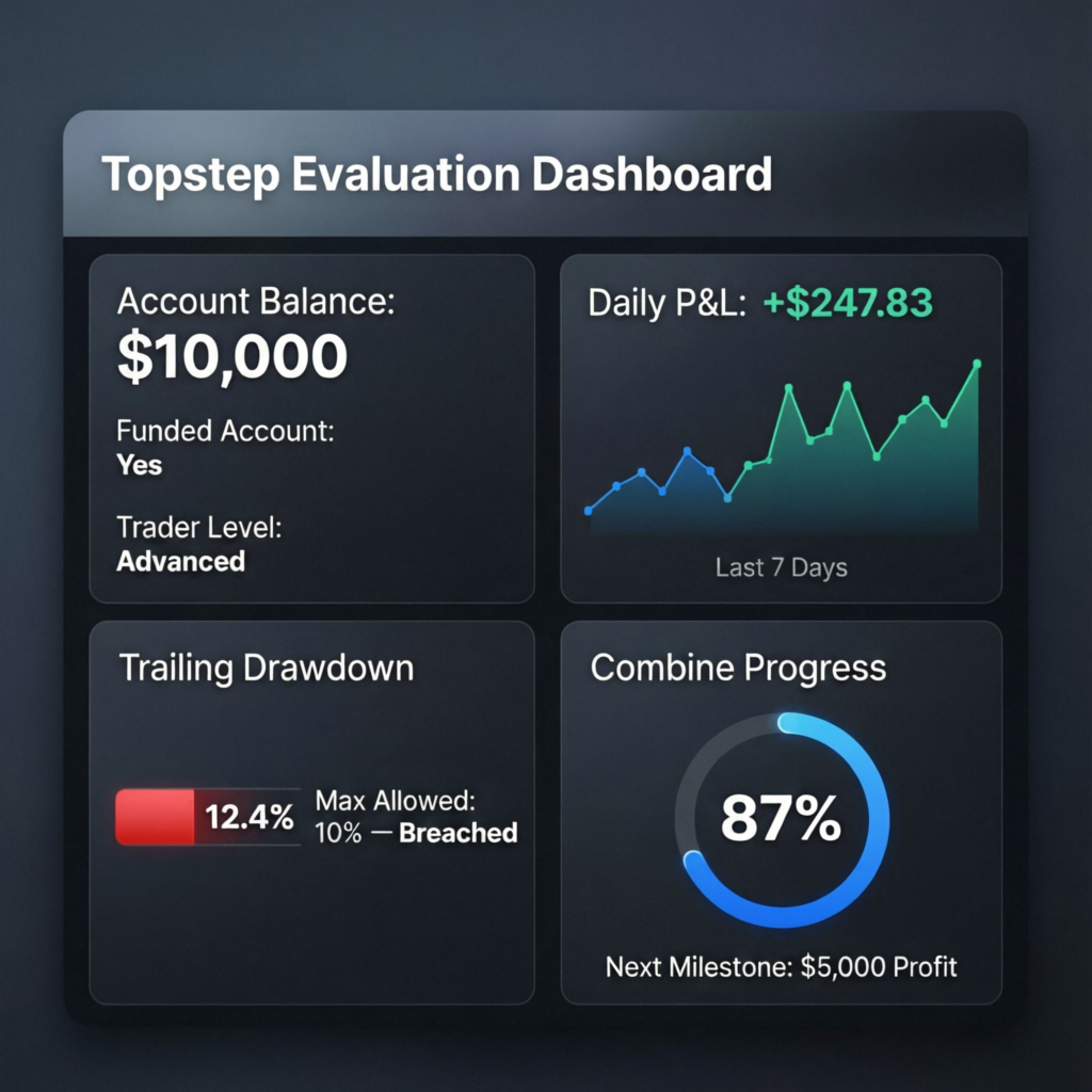 Topstep Evaluation Dashboard showing account balance, daily P&L, trailing drawdown and combine progress