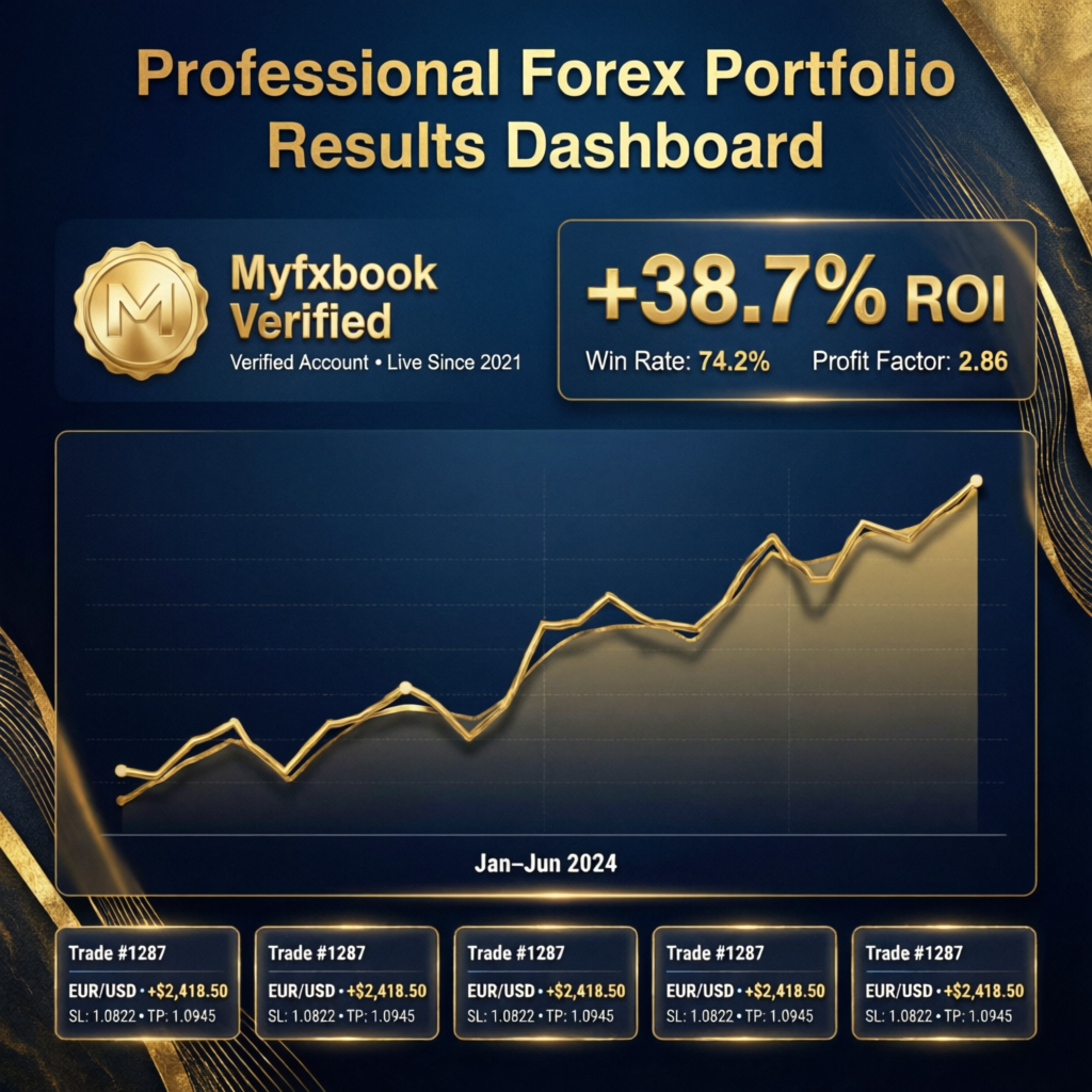 Professional Forex Portfolio Results Dashboard showing Myfxbook Verified stats with +38.7% ROI