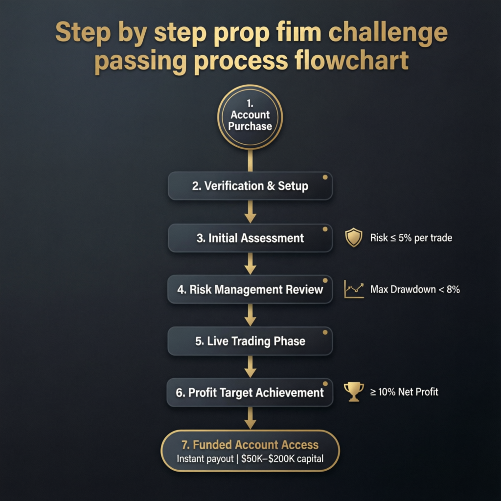Step by step prop firm challenge passing process flowchart with 7 stages from account purchase to funded account access