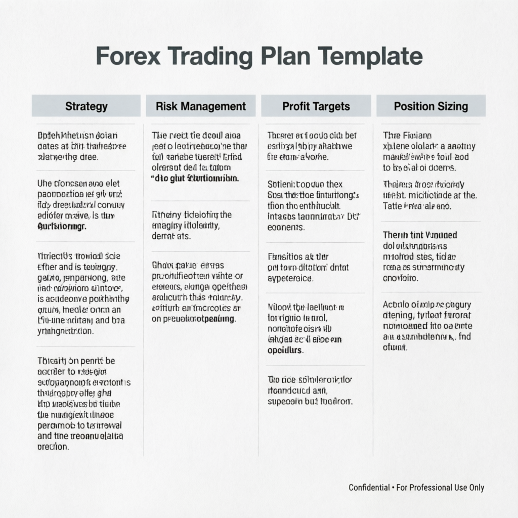 Forex Trading Plan Template Document showing Strategy, Risk Management, Profit Targets and Position Sizing sections
