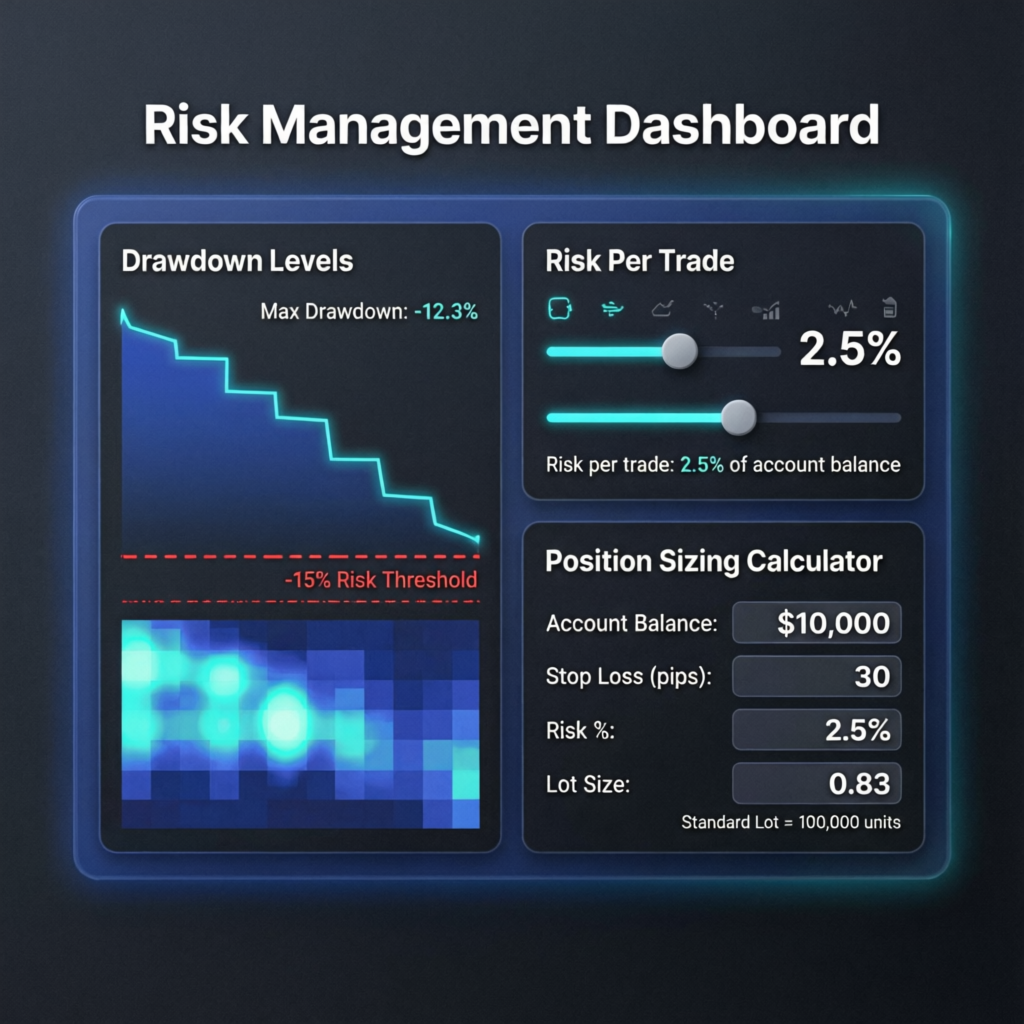 Risk Management Dashboard showing Drawdown Levels, Risk Per Trade, and Position Sizing Calculator