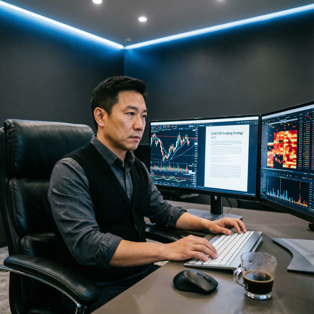 Professional forex trader executing trading strategies on multiple monitors with candlestick charts