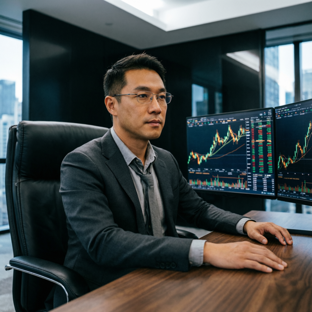 Professional forex trader analyzing charts with multiple monitors in a modern trading office environment