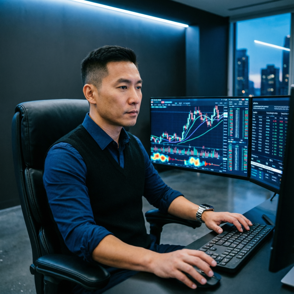 Professional trader analyzing Topstep futures trading charts on multi-monitor setup