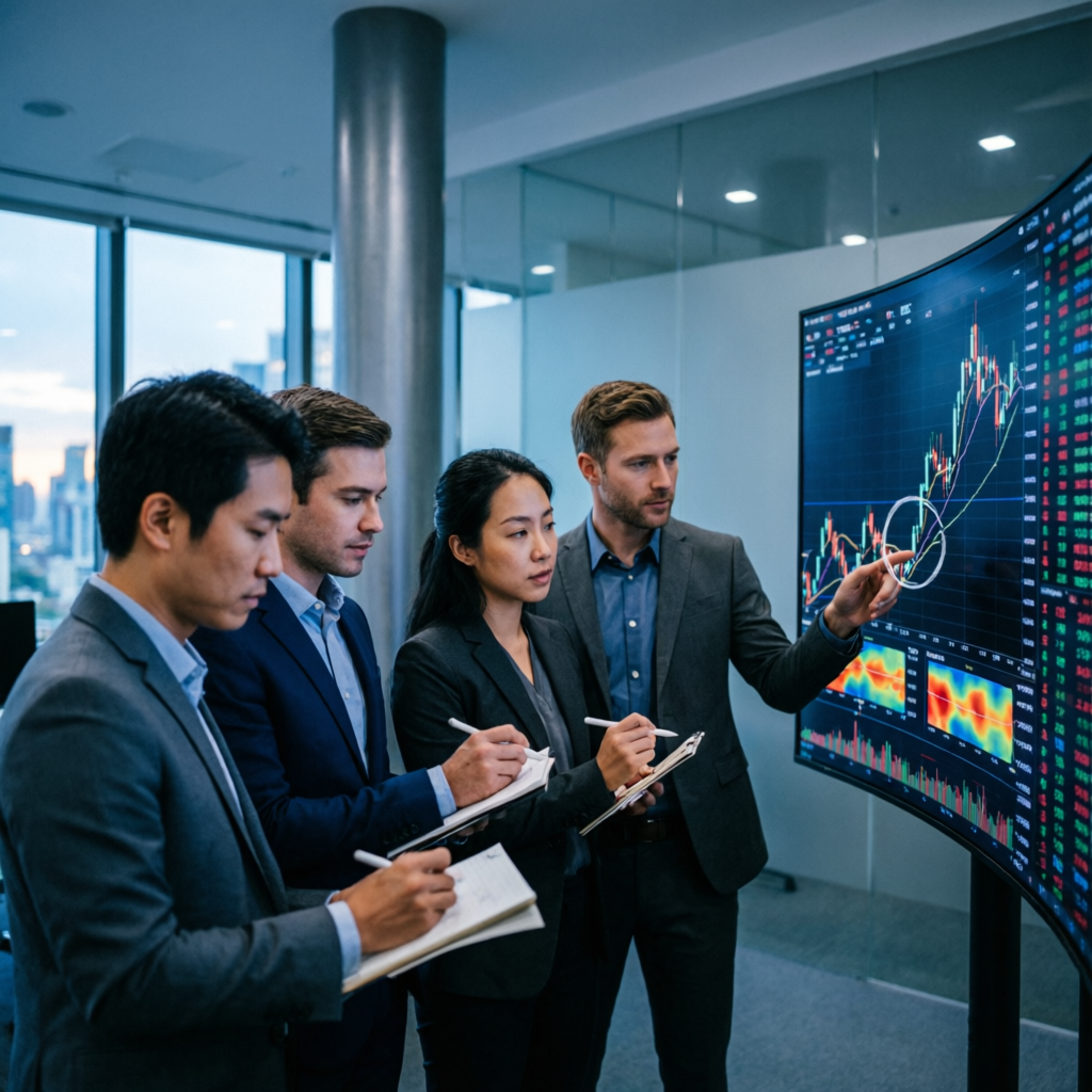 Professional trading team analyzing charts and managing funded accounts