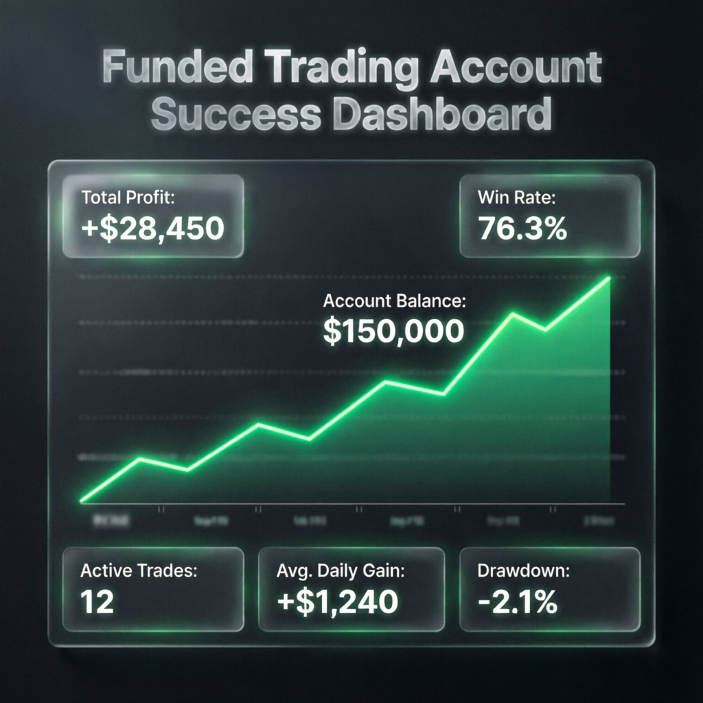 Funded trading account success dashboard showing profit growth and account balance