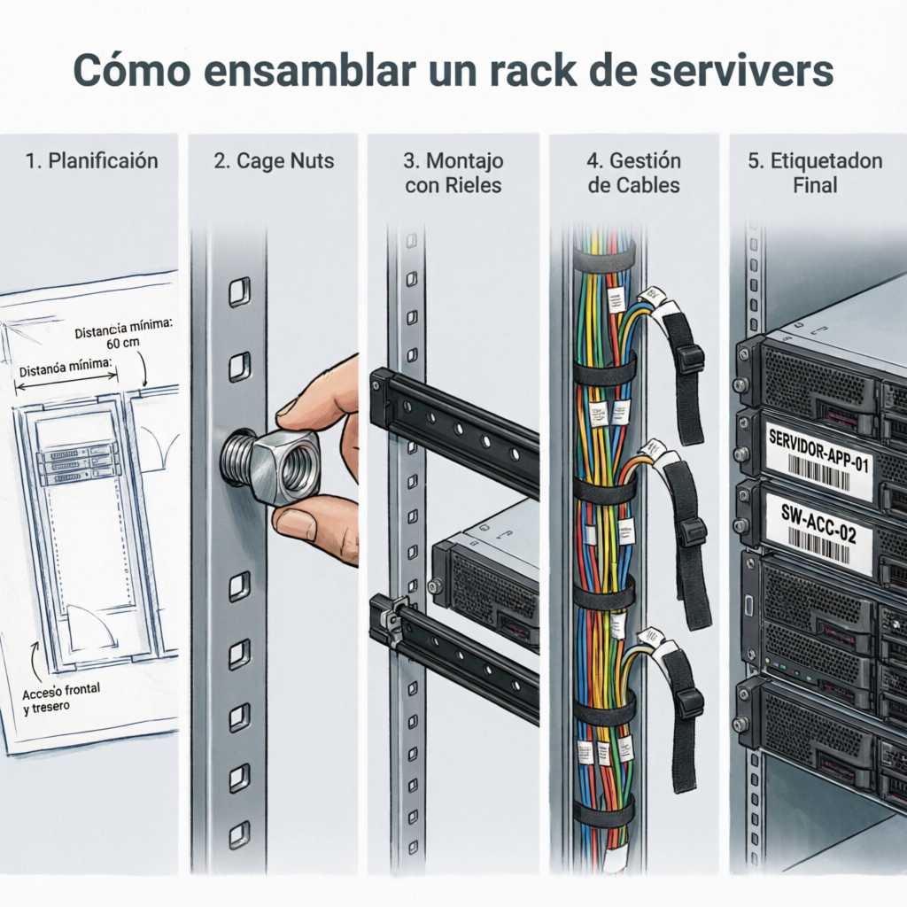 Cómo ensamblar un rack de servidores: 1. Planificación con distancia mínima 60 cm y acceso frontal y trasero, 2. Cage Nuts inserción en riel, 3. Montaje con Rieles, 4. Gestión de Cables con velcro multicolor, 5. Etiquetado Final con etiquetas SERVIDOR-APP-01 y SW-ACC-02