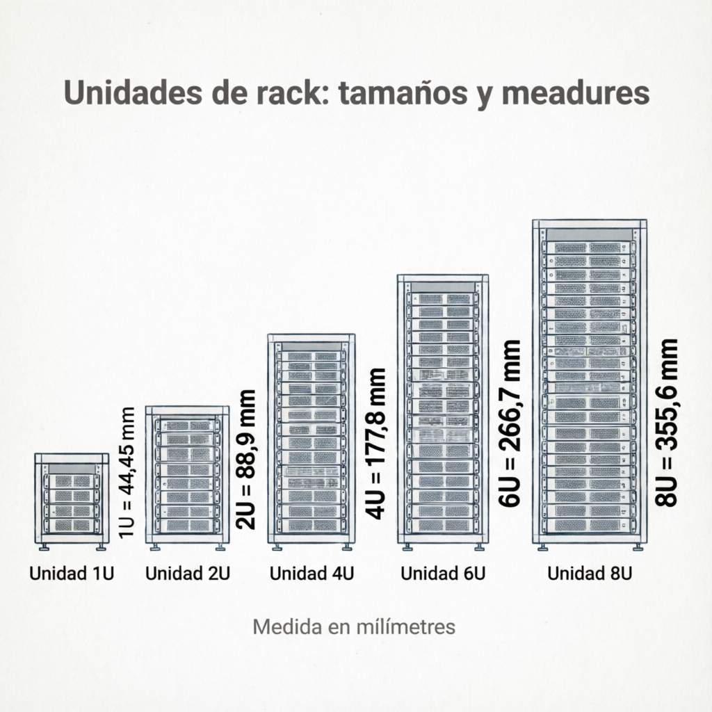 Diagrama de unidades de rack: Unidad 1U igual a 44,45 mm, Unidad 2U igual a 88,9 mm, Unidad 4U igual a 177,8 mm, Unidad 6U igual a 266,7 mm, Unidad 8U igual a 355,6 mm. Medida en milímetros