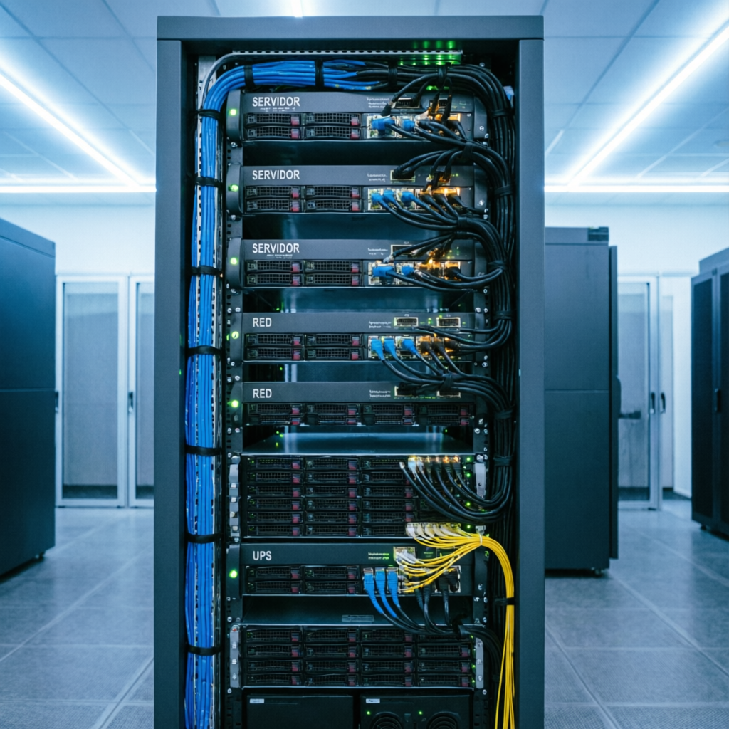 Rack de servidores profesional con equipos etiquetados en español: SERVIDOR, RED, UPS, cables azules y amarillos organizados