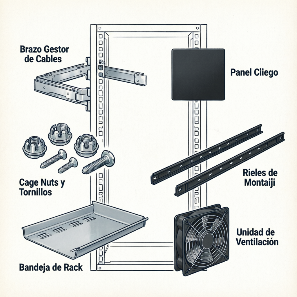 Diagrama de accesorios de rack: Brazo Gestor de Cables, Panel Ciego, Cage Nuts y Tornillos, Rieles de Montaje, Bandeja de Rack, Unidad de Ventilación
