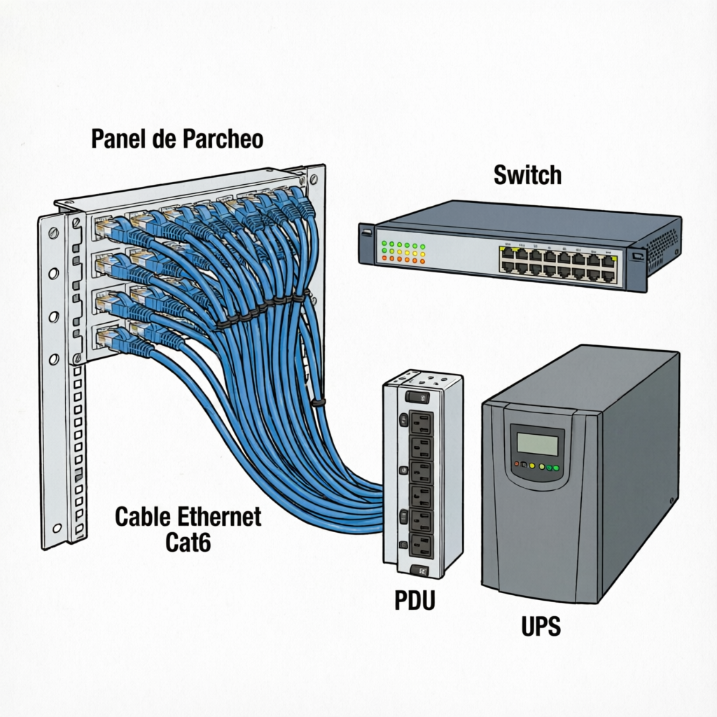 Diagrama de componentes de rack: Panel de Parcheo con cables Ethernet Cat6 azules conectados, Switch con luces LED indicadoras, PDU regleta profesional, y UPS sistema de alimentación ininterrumpida
