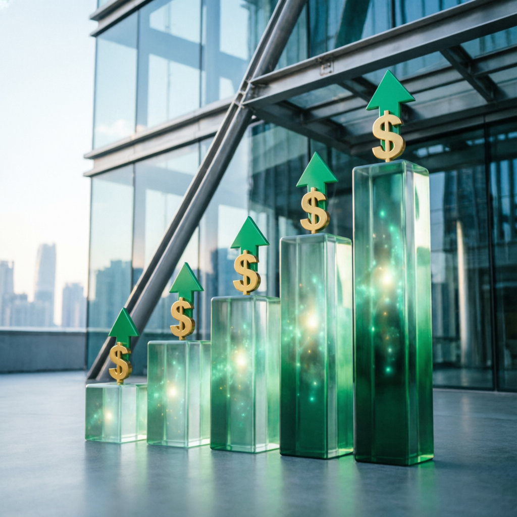 Financial growth visualization with ascending bar charts and dollar signs representing prop firm trading profits