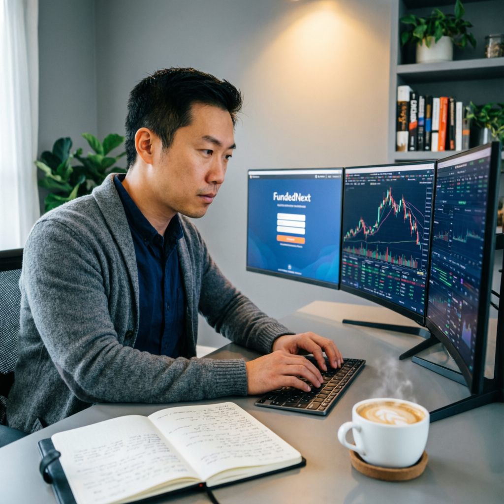 Trader working from home office with multiple monitors showing FundedNext login dashboard and trading charts