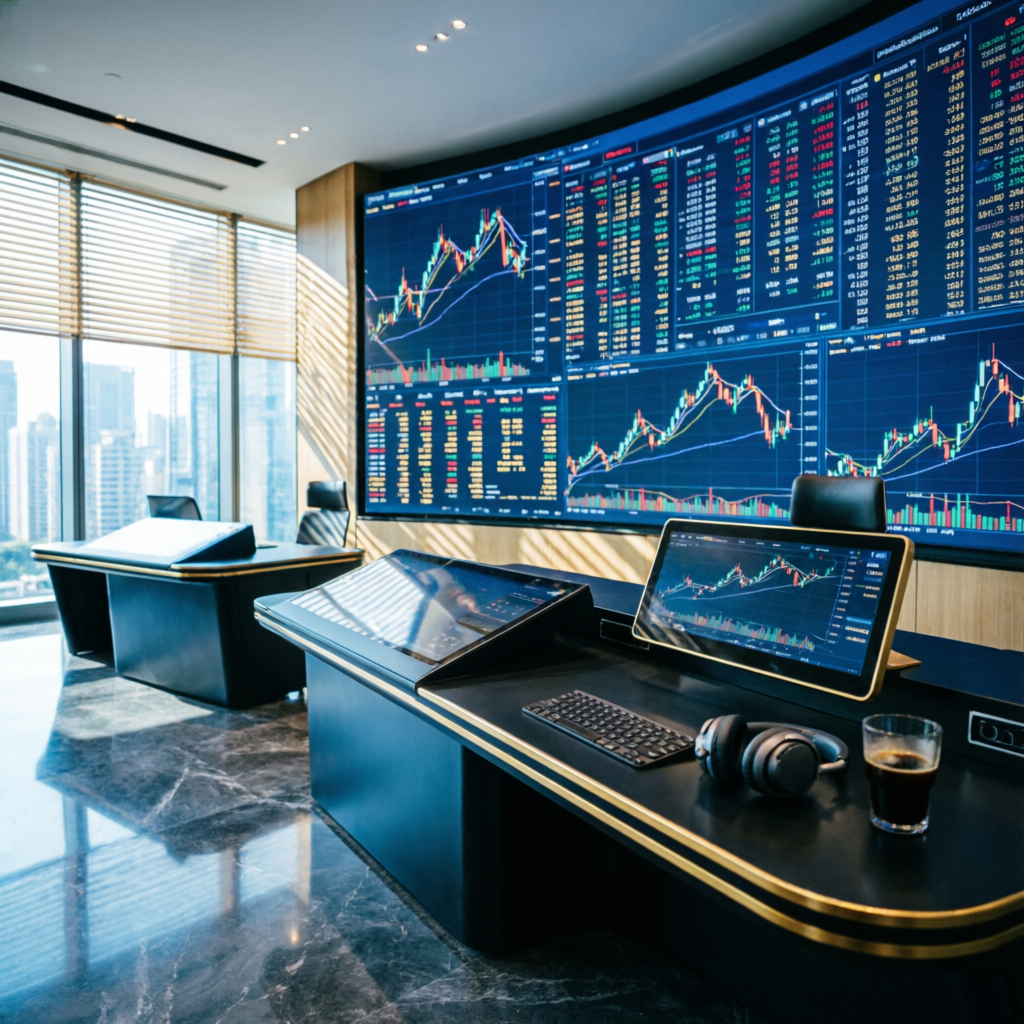 Modern futures trading floor with large screens displaying financial charts and trading data for prop firm analysis