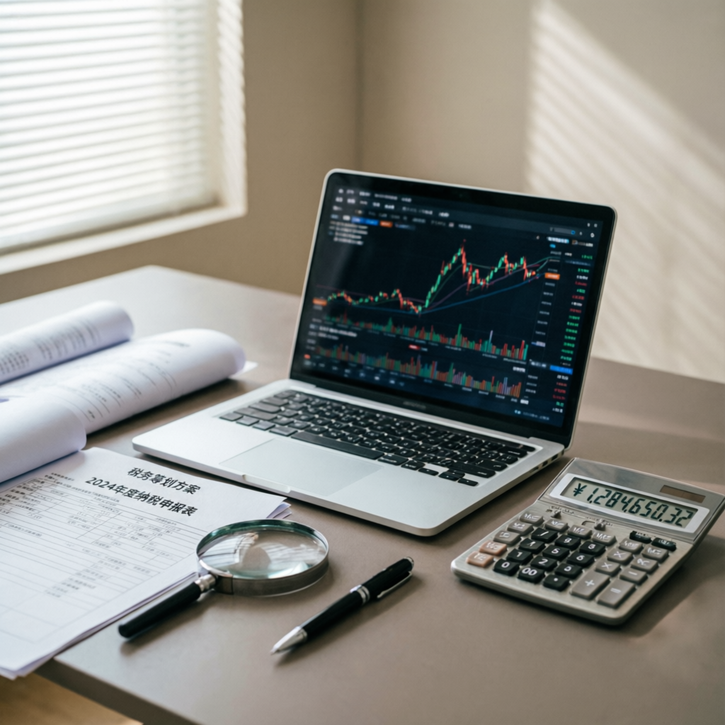 Tax planning workspace with laptop showing trading charts, calculator, and financial documents for prop firm tax preparation