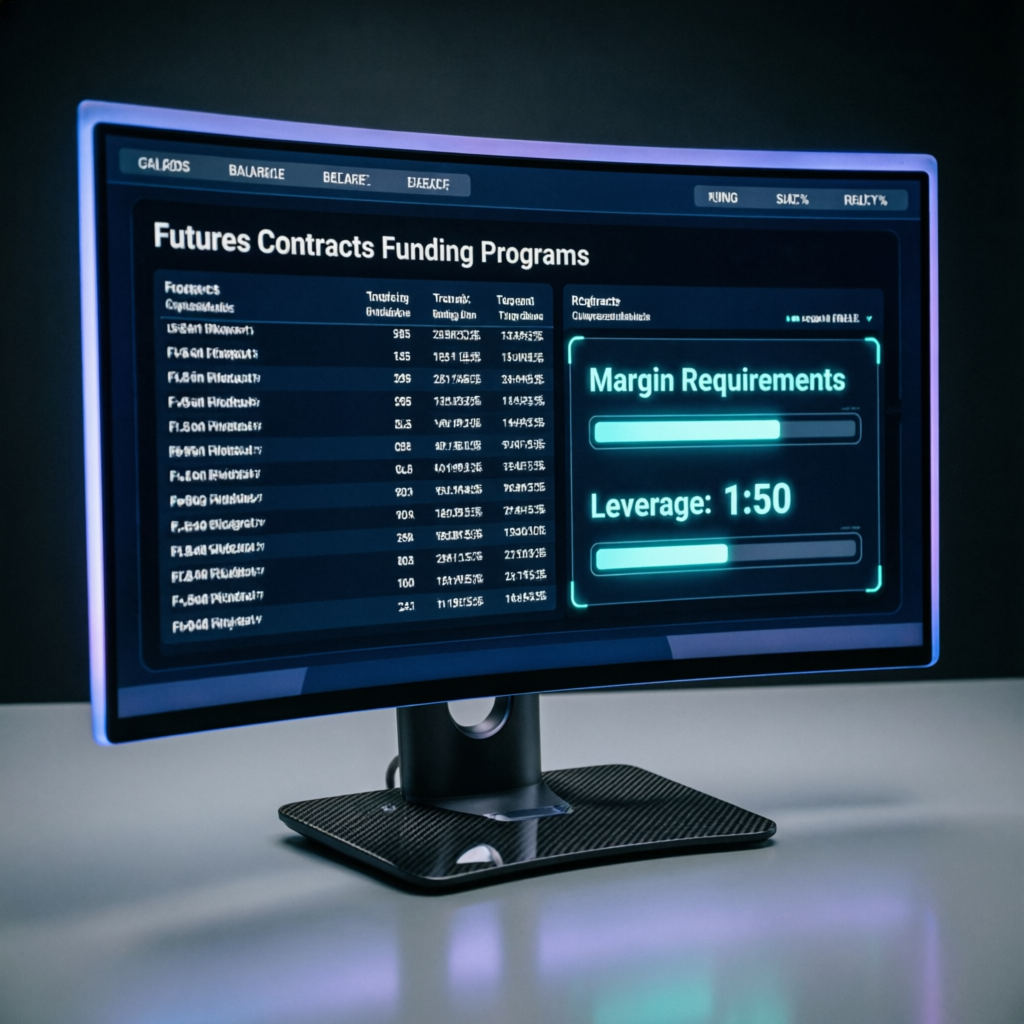 Computer monitor displaying futures contracts funding programs with margin requirements and leverage indicators