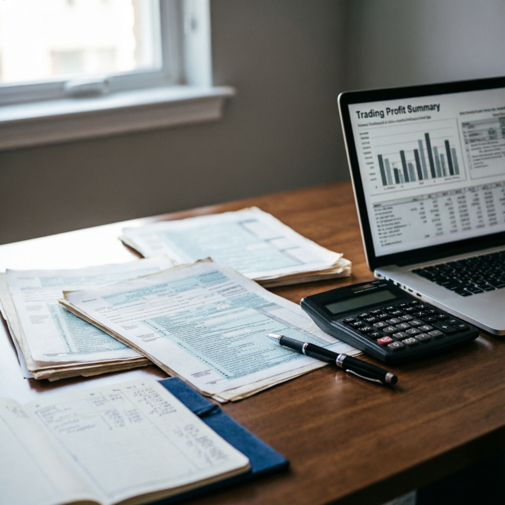 Tax documents and trading profit summary on laptop with calculator for futures trading tax preparation